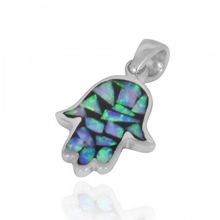 Hamsa or Hand of Fatima Pendant with Opal Inlay
